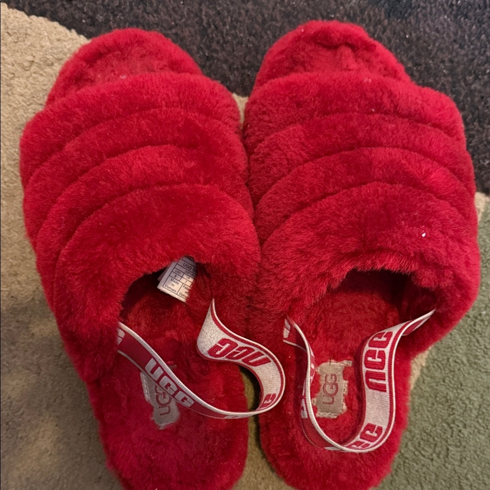 UGG Vibrant Red Fluffy Slides